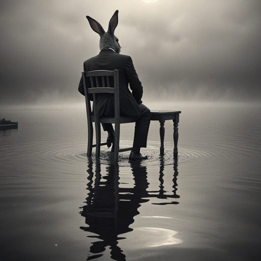 Surreal Rabbit Man Pushes Chair Through Misty Water