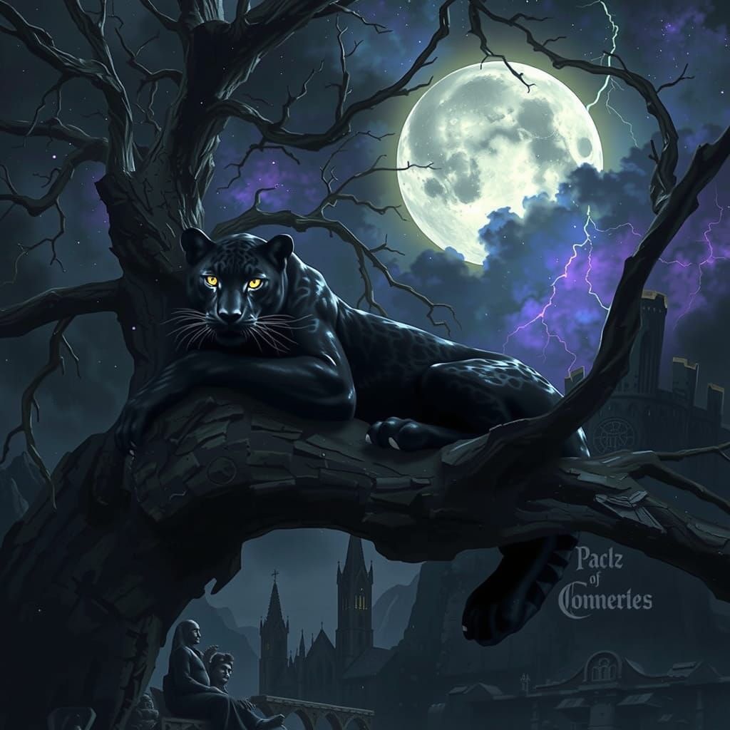 Black Jaguar in Gothic Ruins with Stormy Sky