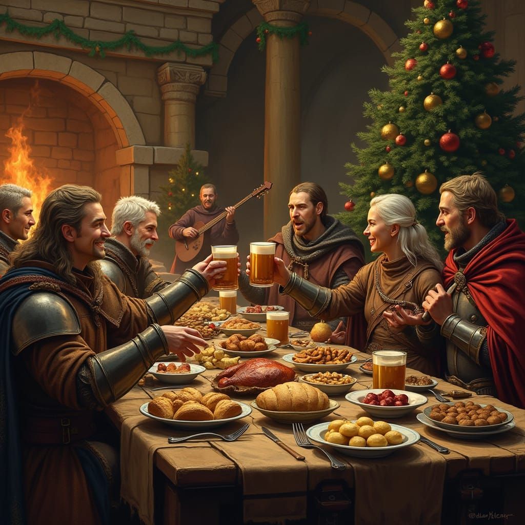 Medieval Warriors Gather for Festive Feast in Grand Great Ha...