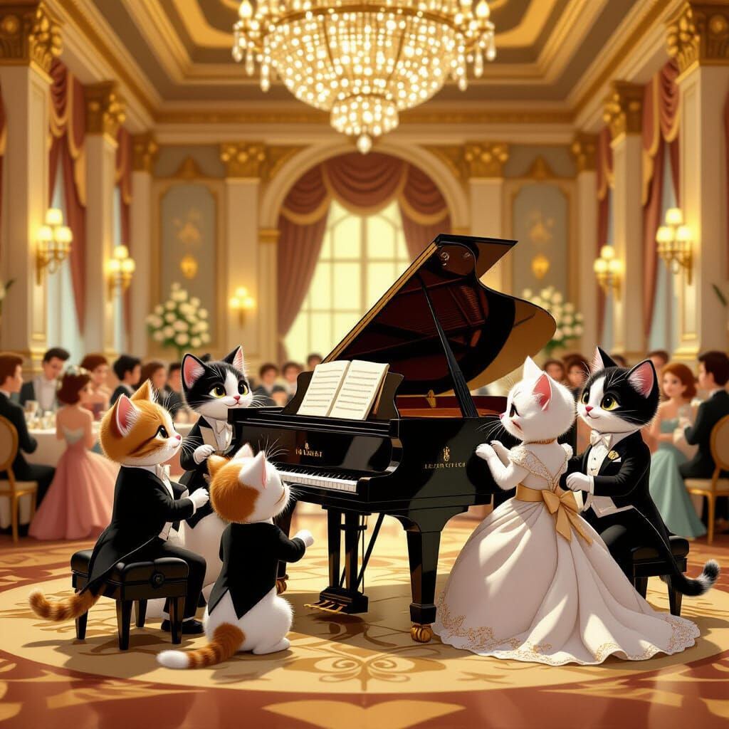 Anthropomorphic Kittens in Ballroom, Art Nouveau Style