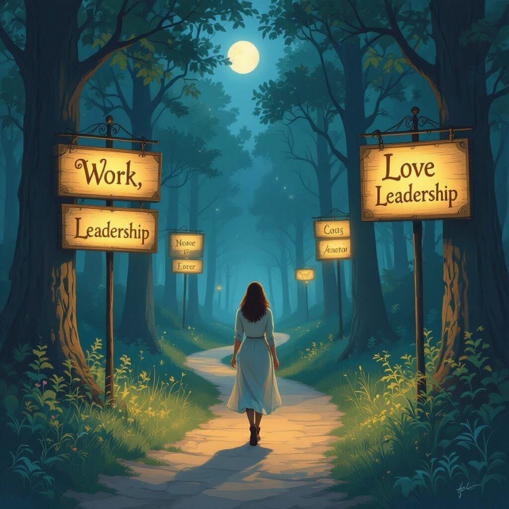 Serene Forest Path with Glowing Signboards