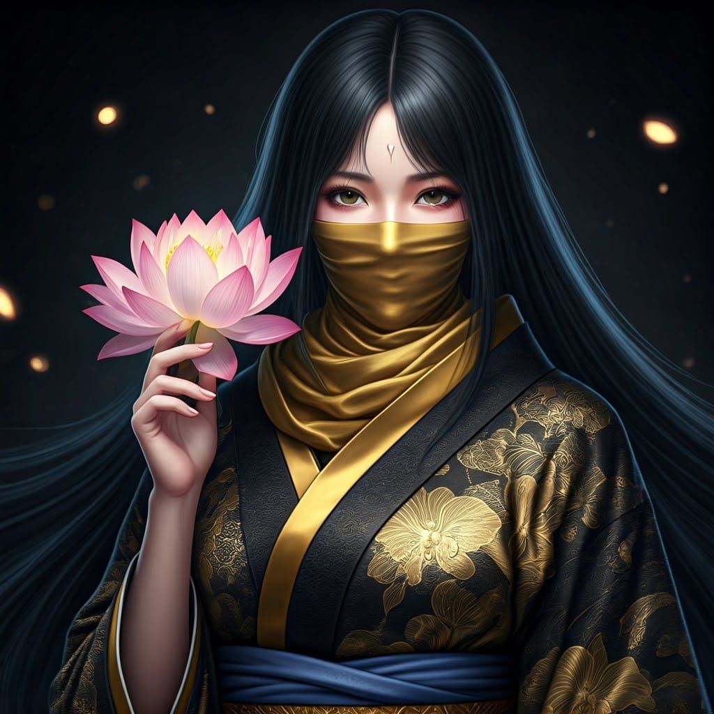 Elegant Ninja Goddess with Golden Kimono and Orchid Patterns