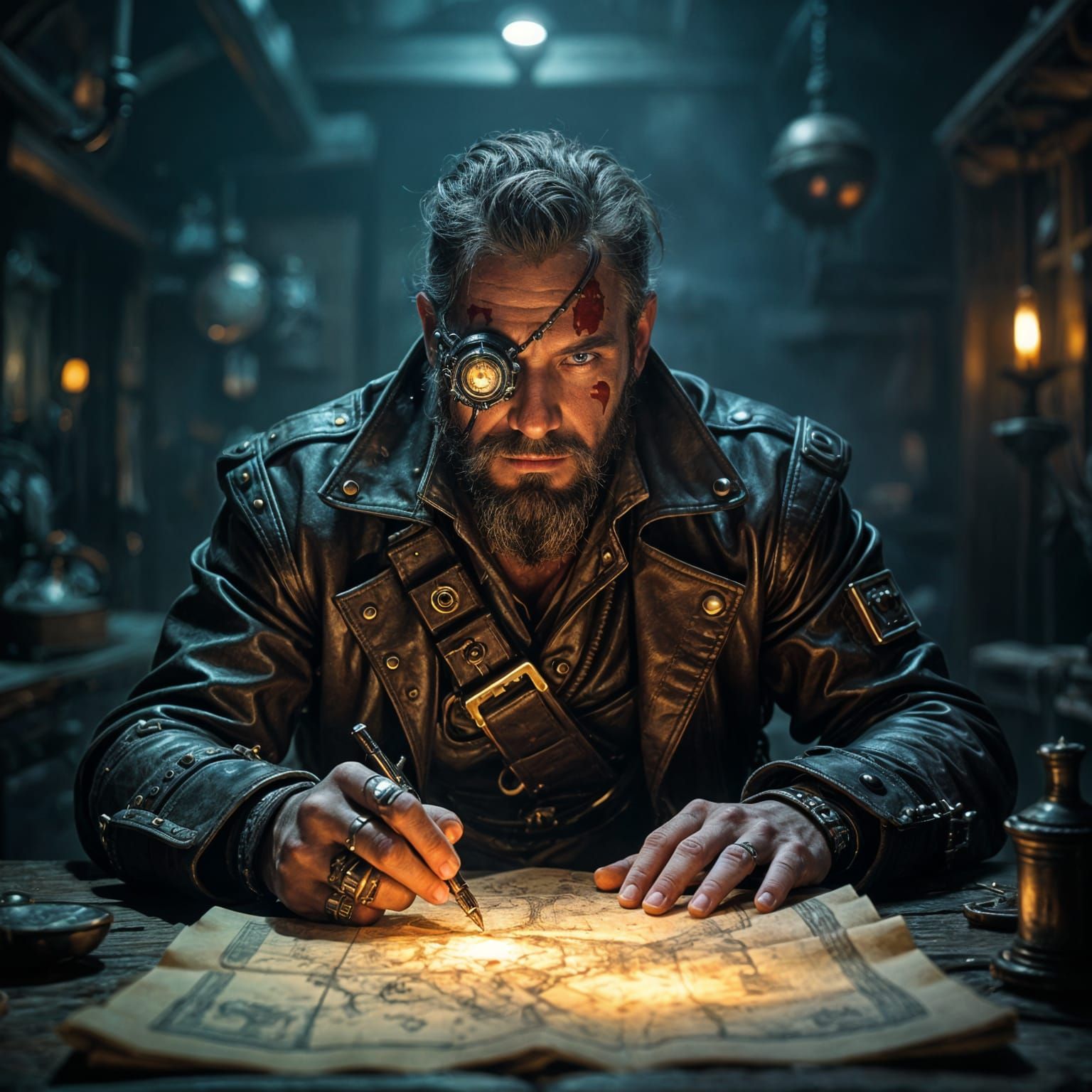 Steampunk Pirate Captain Inspects Glowing Map