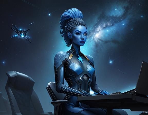 Blue-Skinned Woman on Starship Bridge in Splash Art
