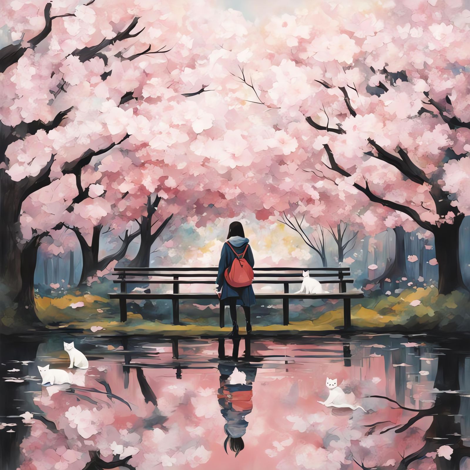 Cat in Sakura Field: Dreamlike Composition