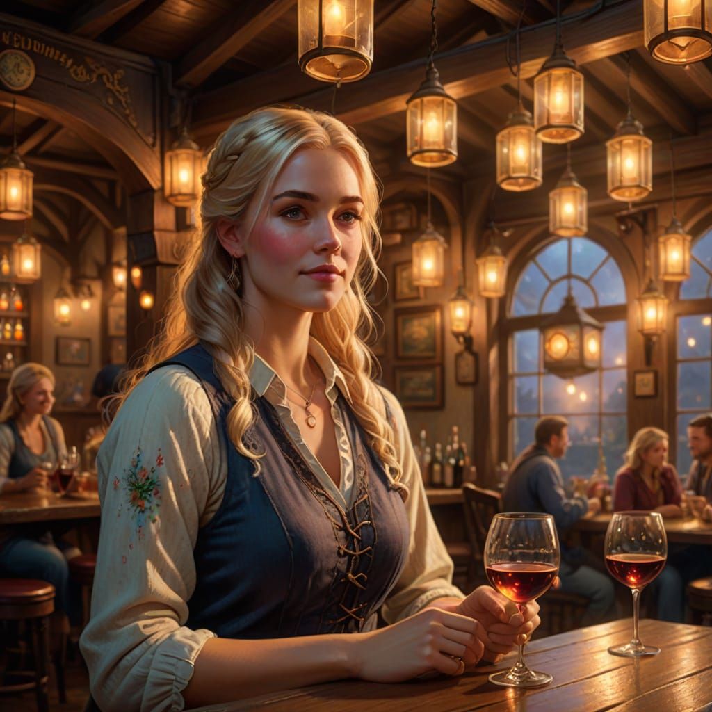 Happy Woman Drinks Wine in Cozy Fantasy Tavern