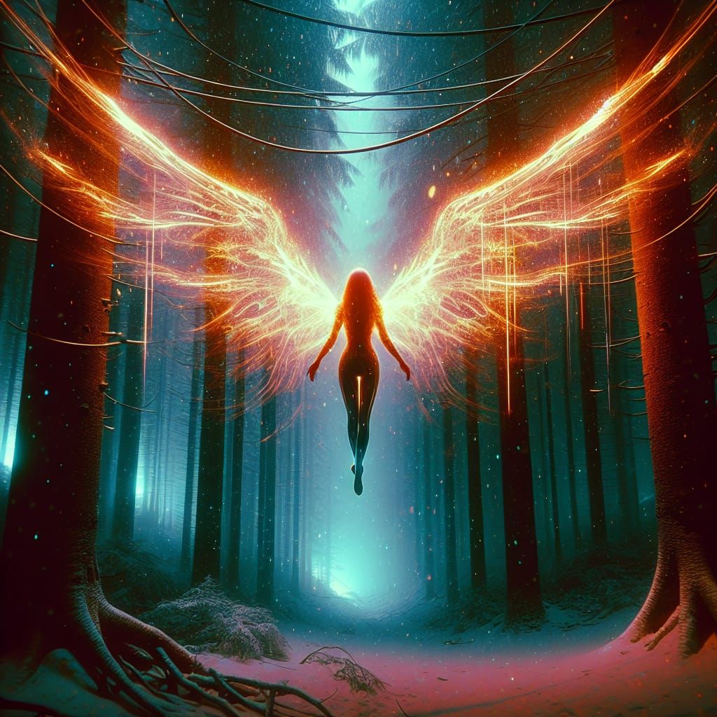 Cyberpunk Angel in Snowy Forest