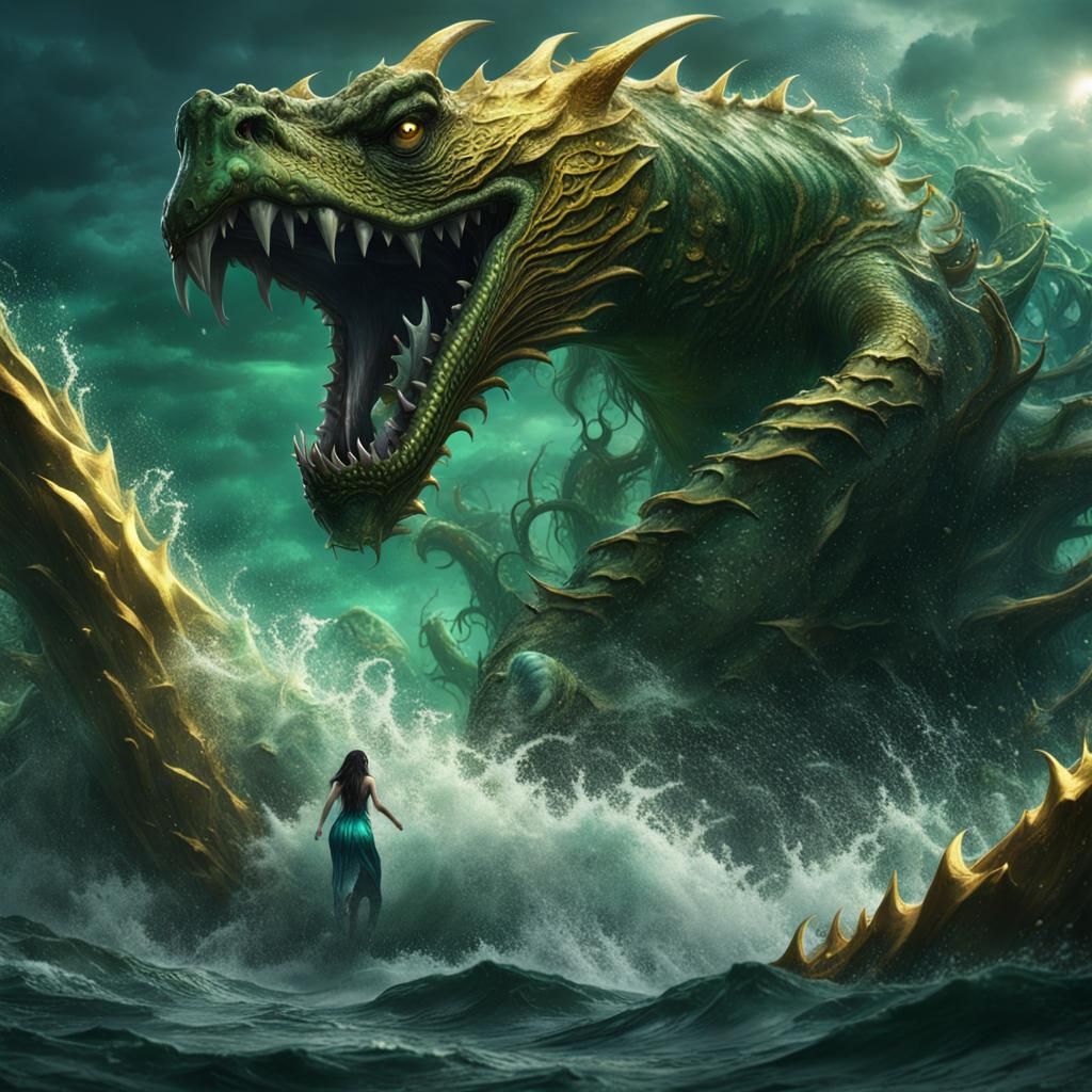 Girl Emerges from Ocean on Sea Monster