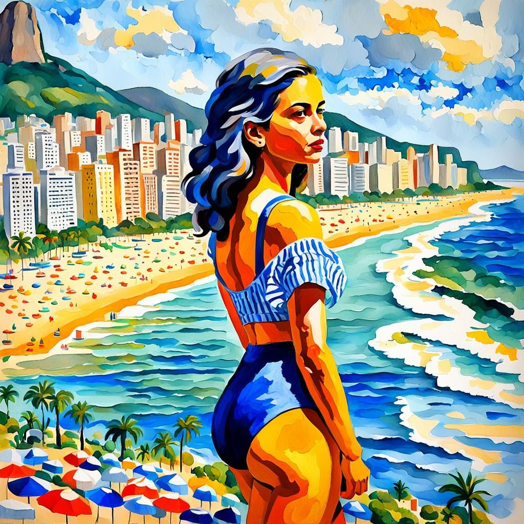 Copacabana Beach Aerial View in Gouache Style