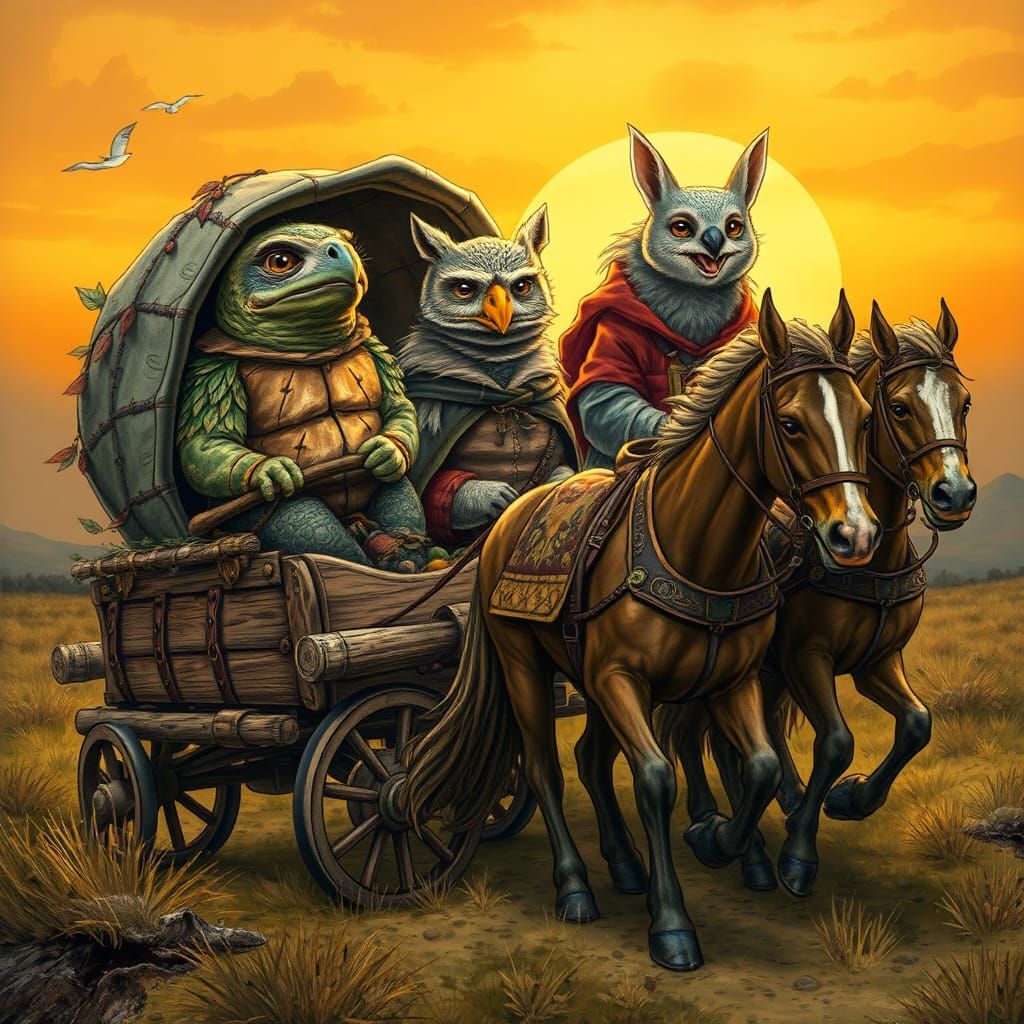 Fantasy Adventurers in Wagon at Sunset