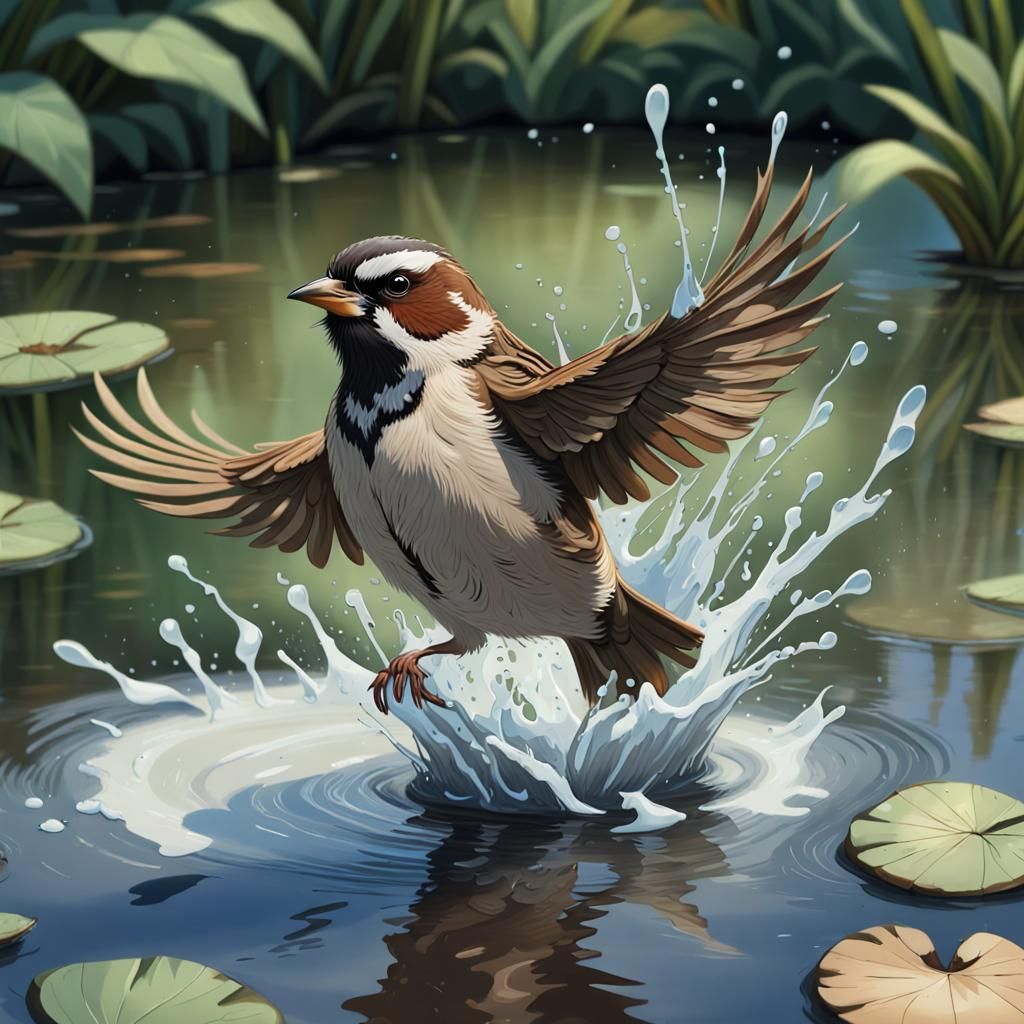 Sparrow Splashing in Pond: Digital Art