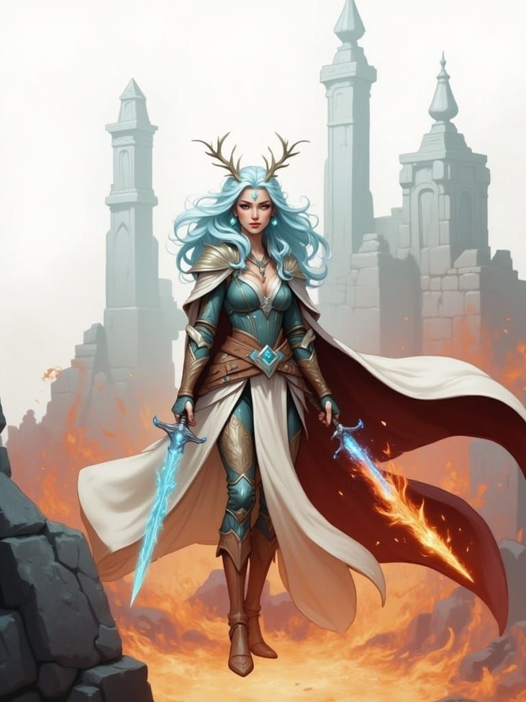 Fiery Female Warrior Goddess with Swords