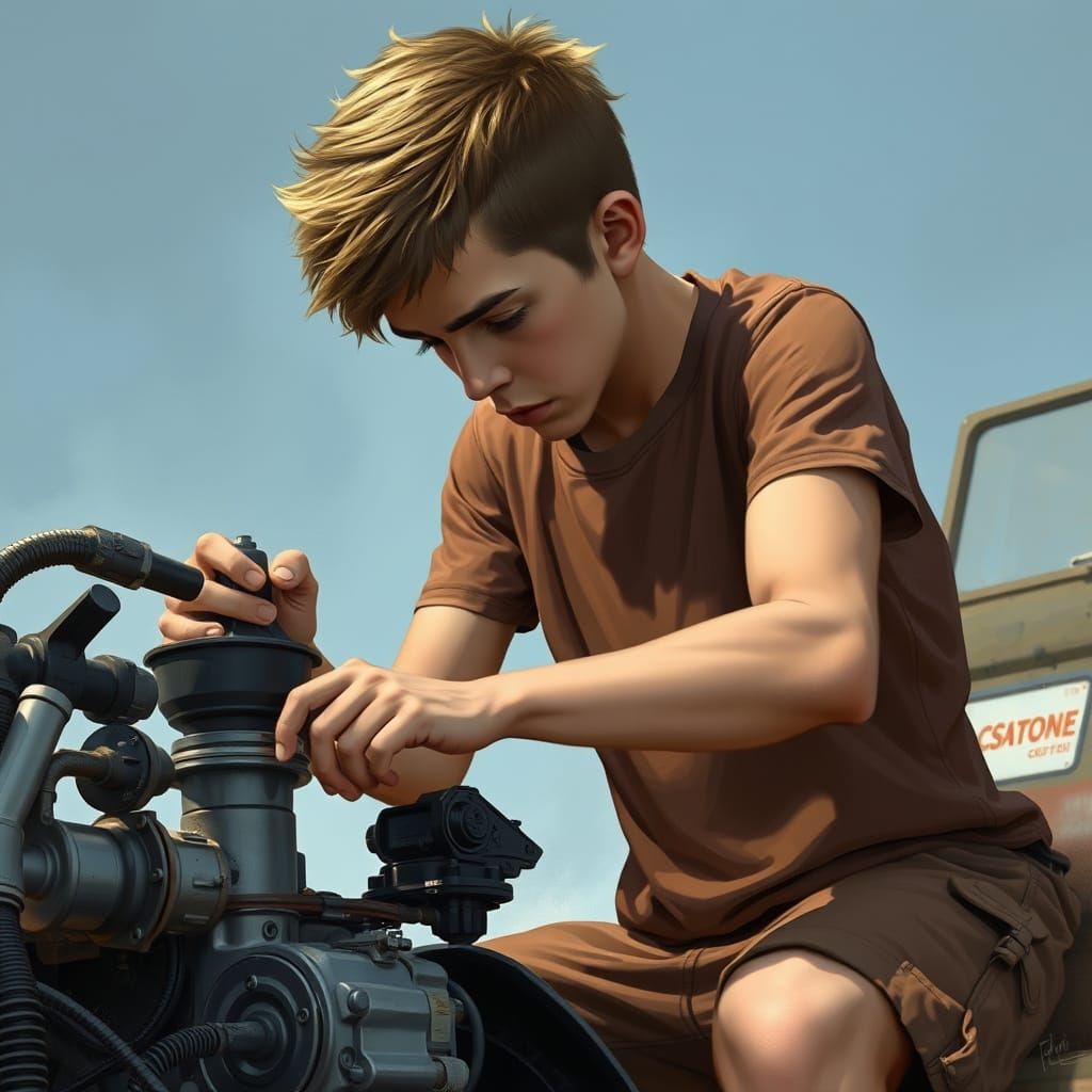 Hyperrealistic Teenager Repairs Carburetor with Meticulous D...