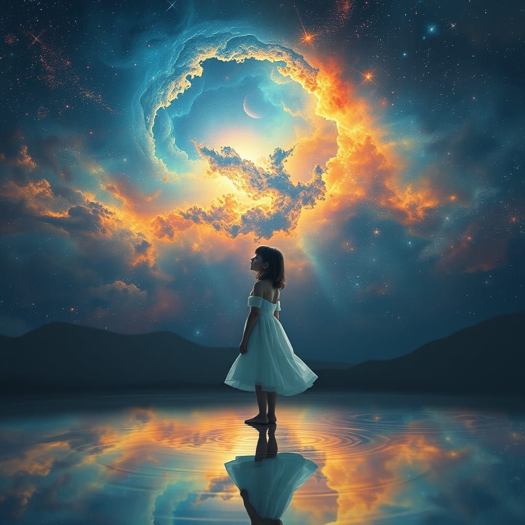 Girl Under Vibrant Cosmic Sky with Swirling Nebula