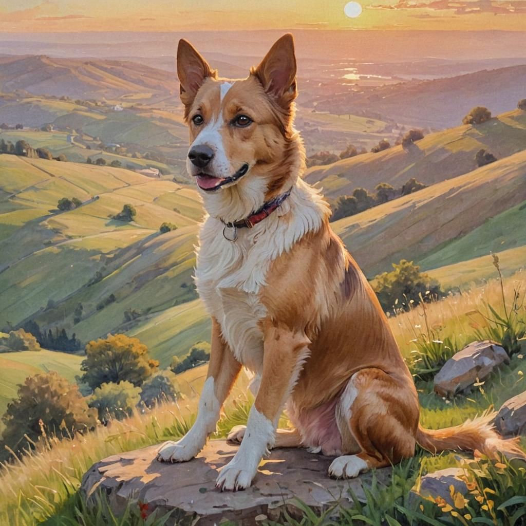 Charming Dog on Hillside in Impressionist Gouache