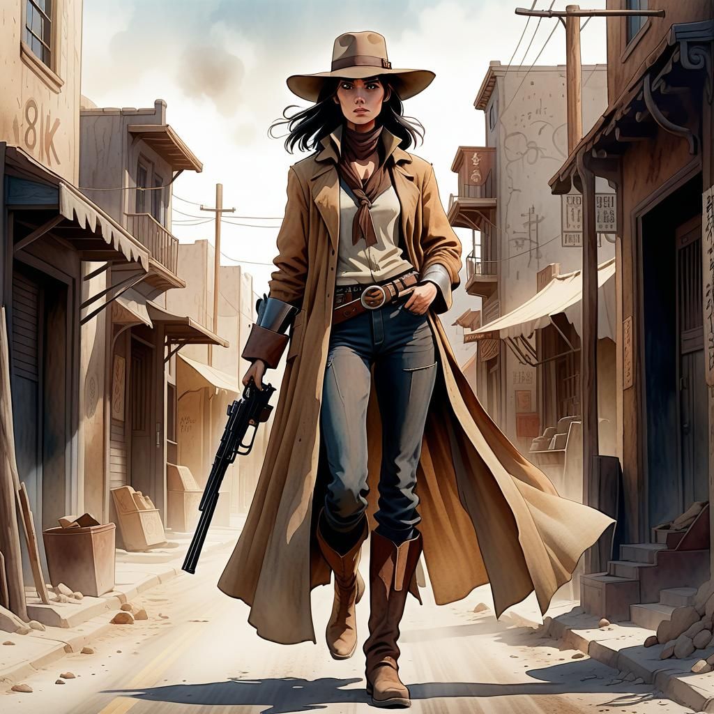 Female Gunslinger Ready for Action: Watercolor Comic Art