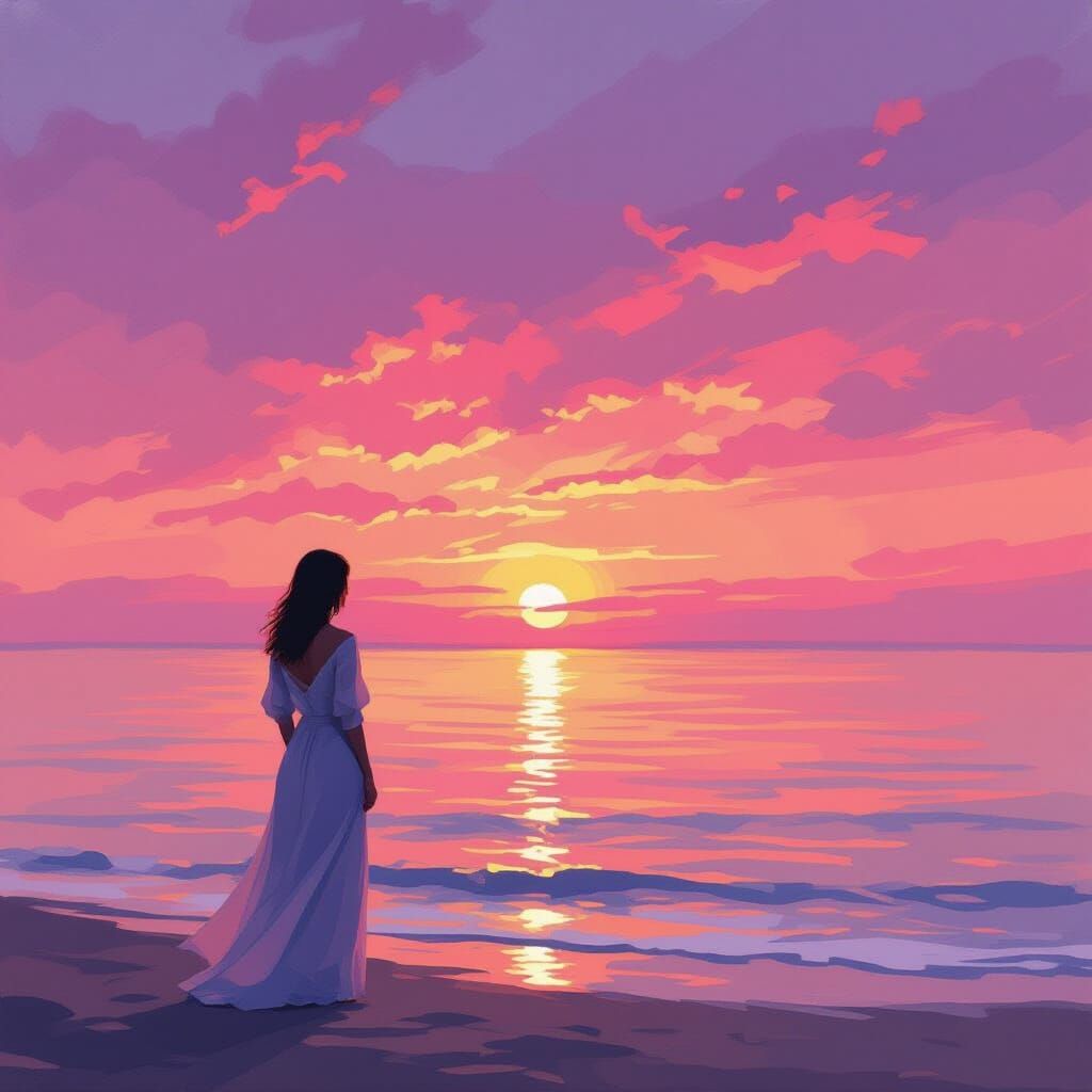 Woman Watches Ocean Sunset in Impressionist Style
