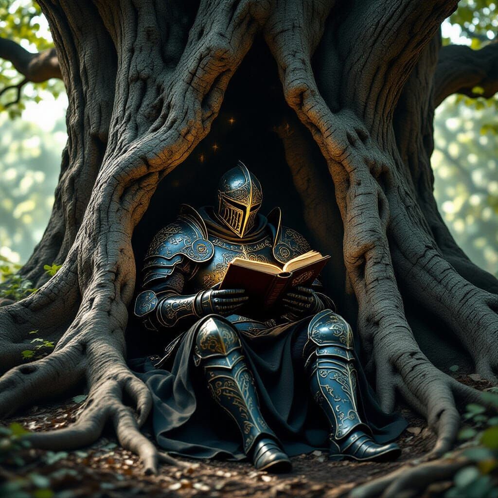 Gothic Knight Reads Ancient Tome in Forest