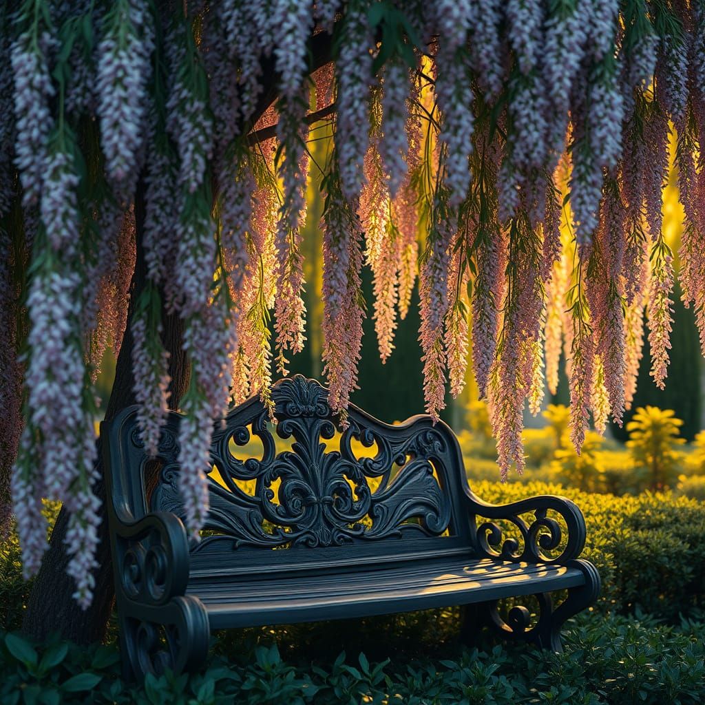 Whimsical Lavender Willow Tree Blooms Over Worn Wooden Bench...