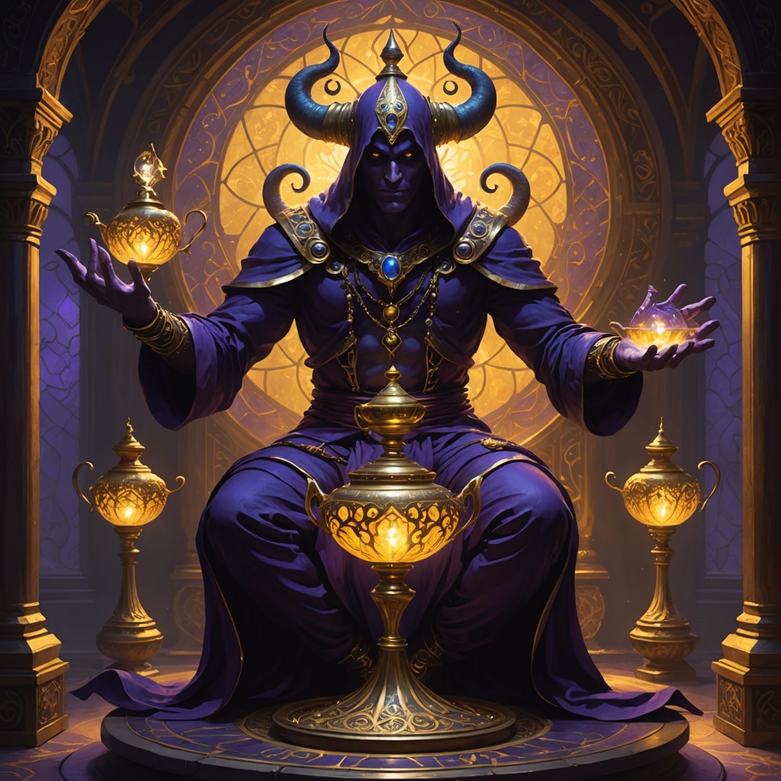 Four-Armed Shadow Genie Emerges: Dark Fantasy Art