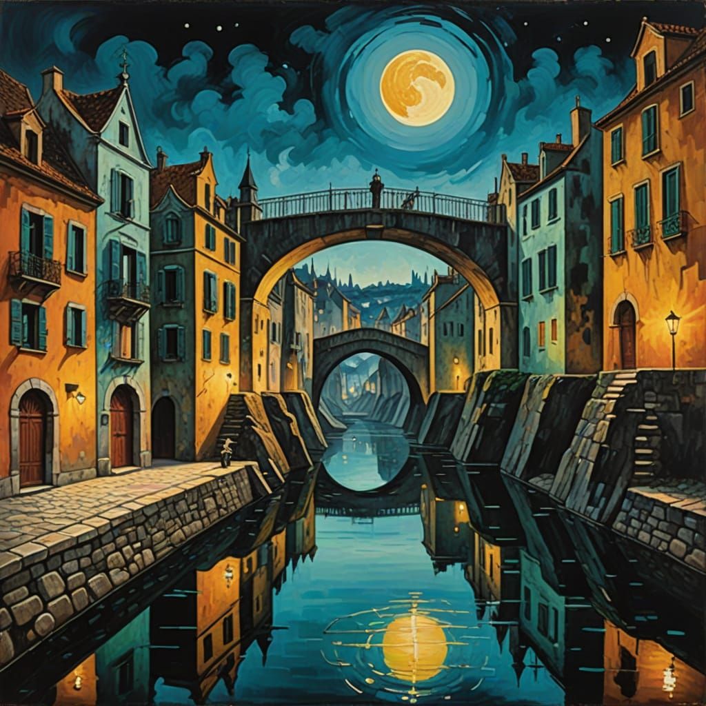 Surrealist Stone Bridge Under Moonless Night