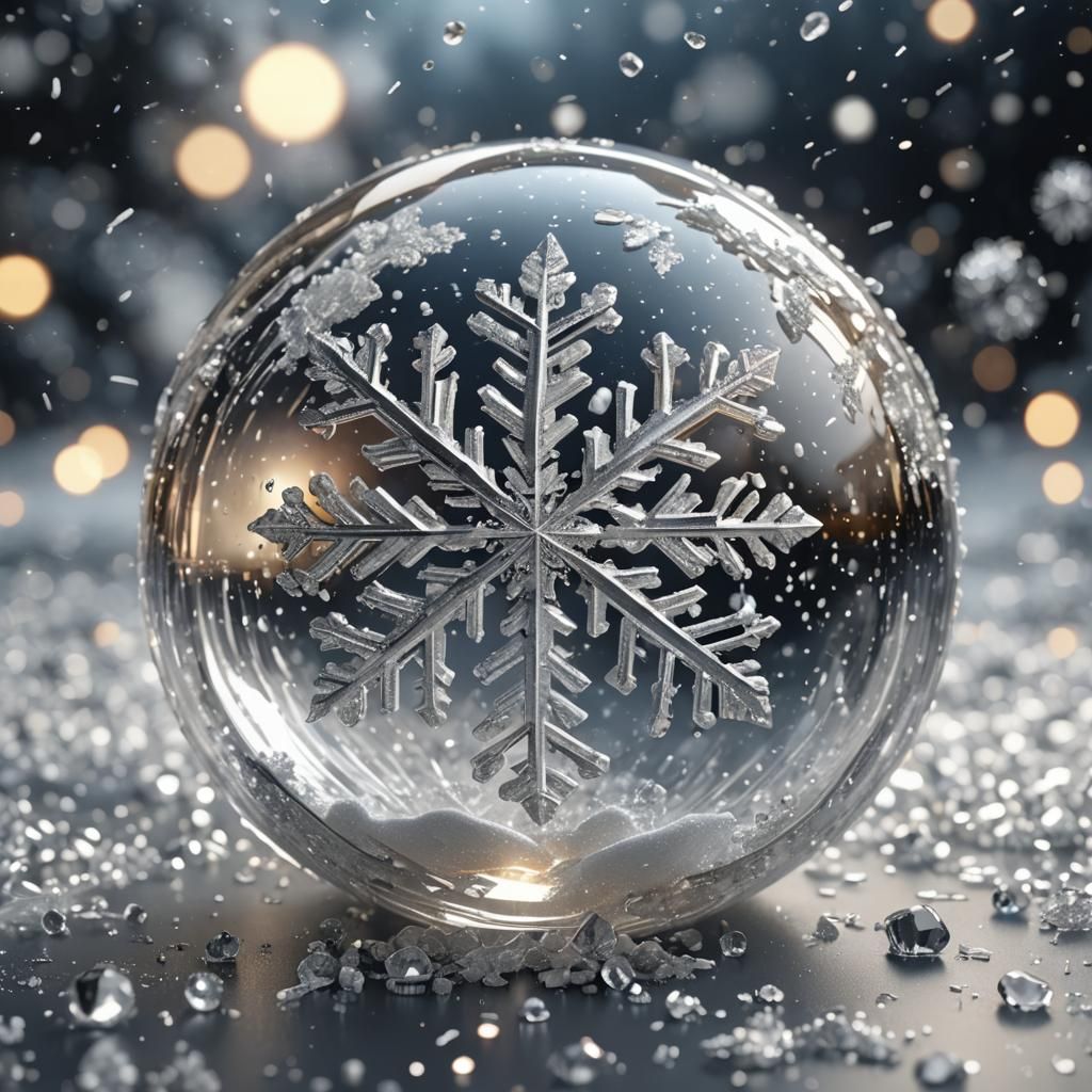A hollow glass sphere containing a large 3D snowflake made o...