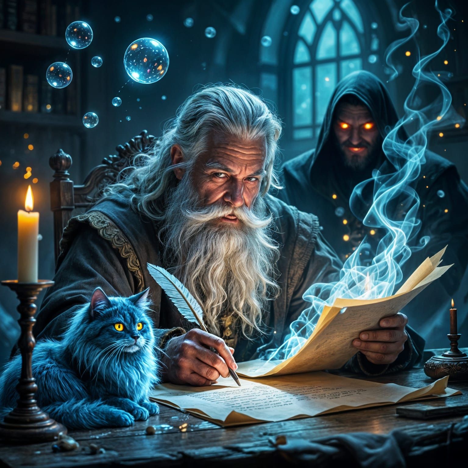 Magical Scribe in Dark Room with Candle