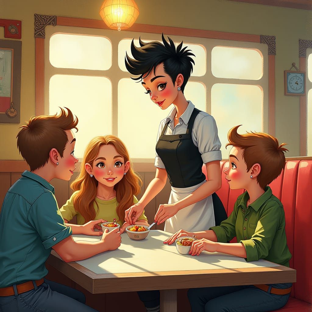 Whimsical Diner Scene with Punk Waitress