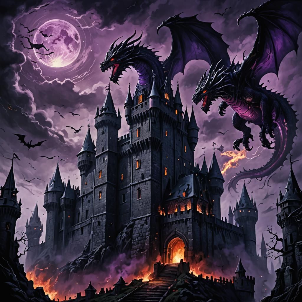 Dragons Guarding Haunted Castle in Dark Fantasy Art