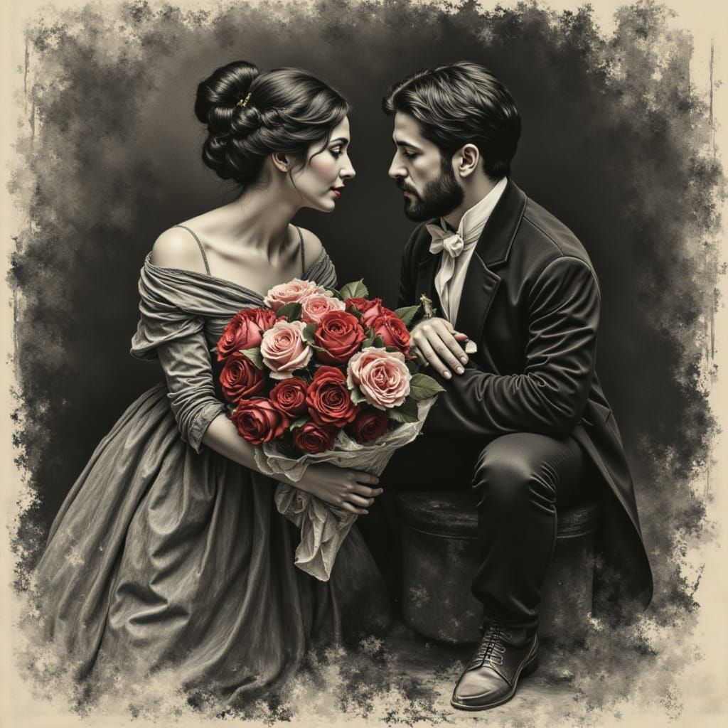 Victorian Romance: Gentleman Presents Roses to Lady
