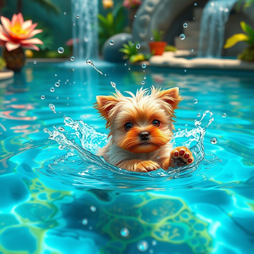 Surreal Fantasy Morkie Plays in Lush Pool Paradise