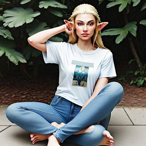 Barefoot Half-Elf Teen in Jeans and Tee-Shirt
