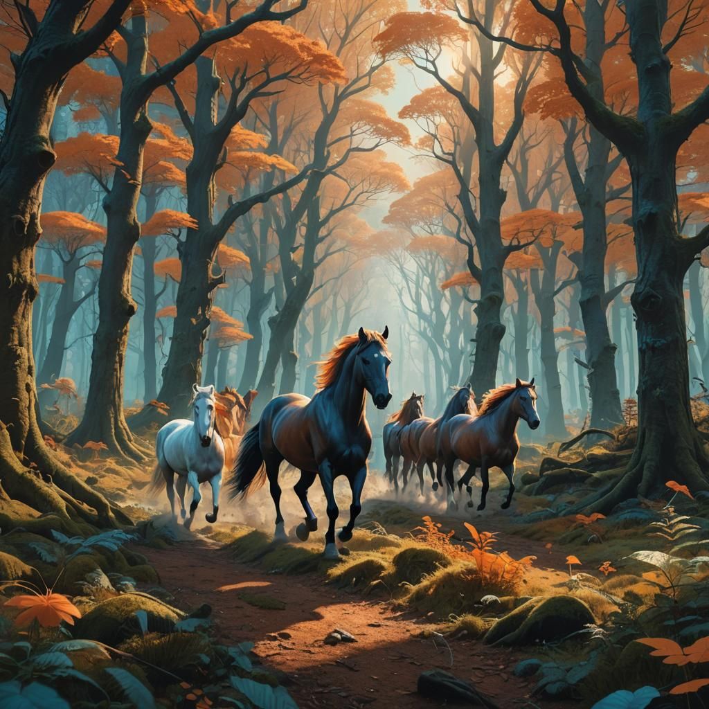 Majestic Horses in Mystical Forest: Fantasy Concept Art