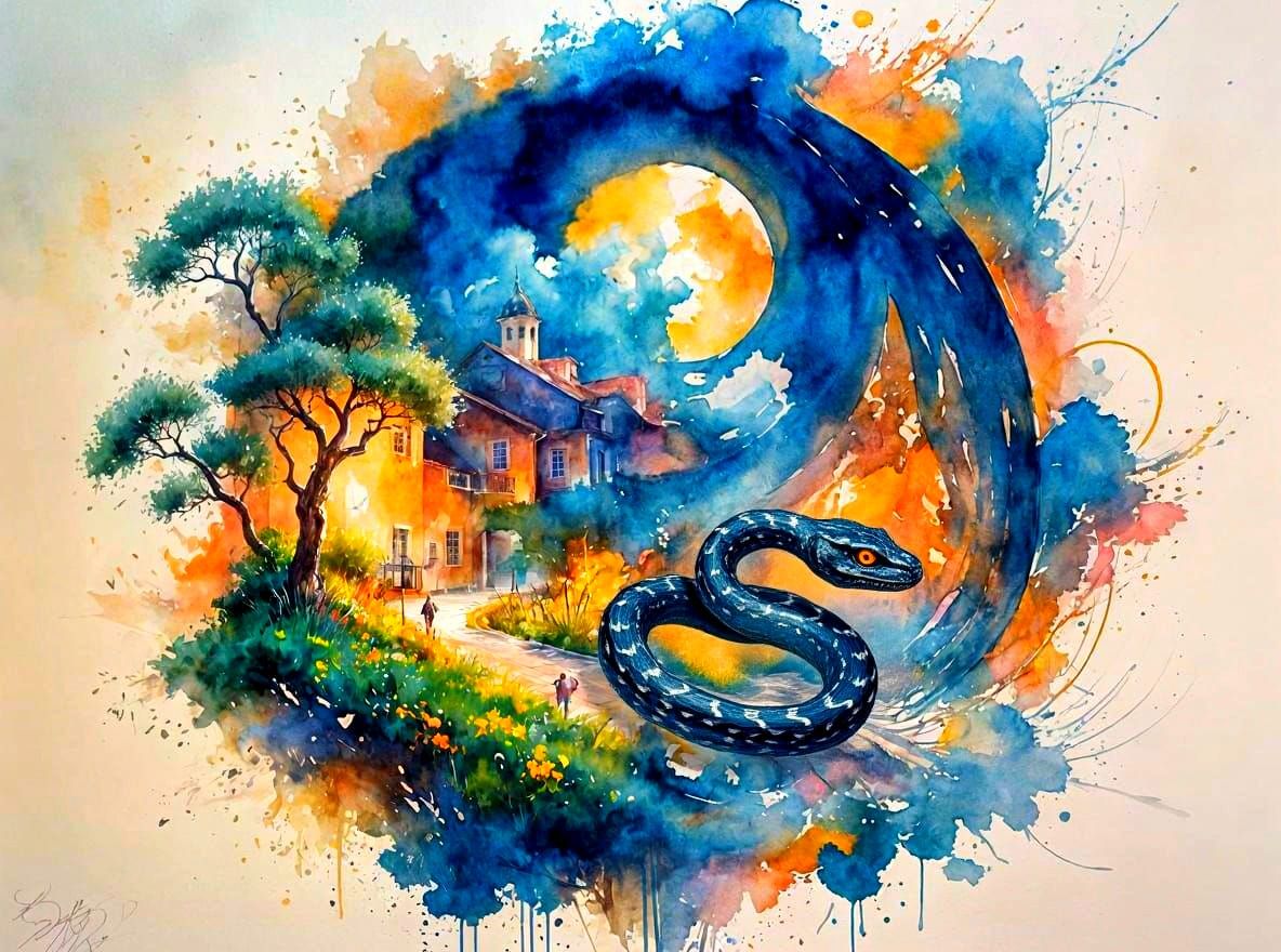 Cobra Snake Below Olive Tree, Cityscape in Watercolor Splash...