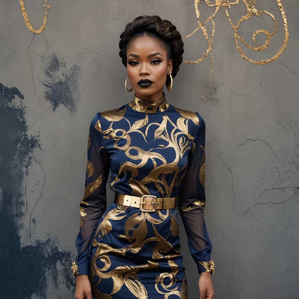 Glamorous Woman in Navy Dress with Gold Accessories