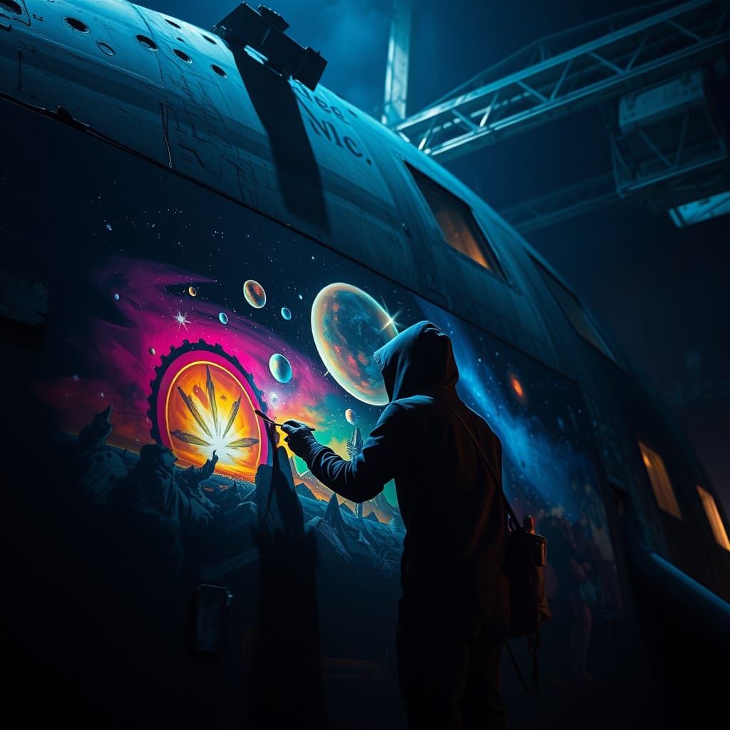 Intergalactic Mural on Derelict Spaceship in Street Art Styl...