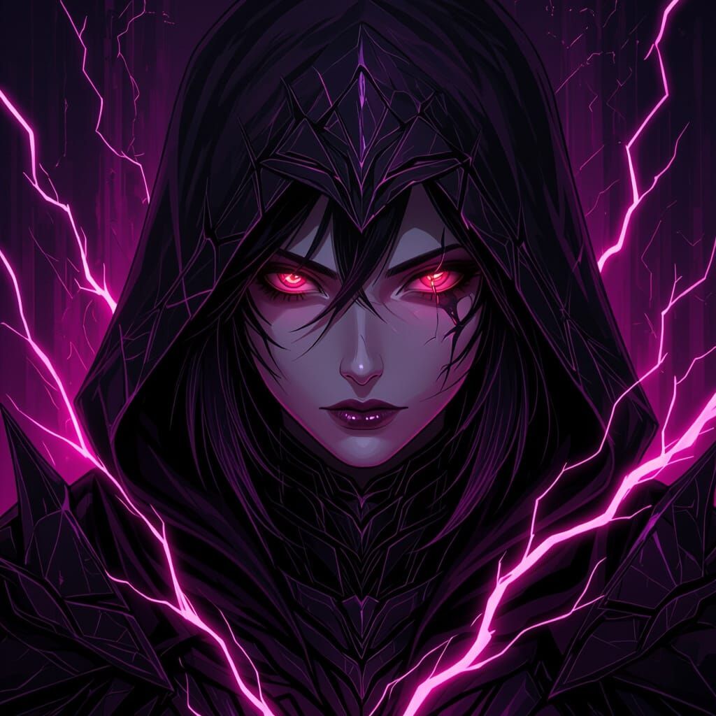 Mysterious Female Mage with Crimson Eye and Neon Energy