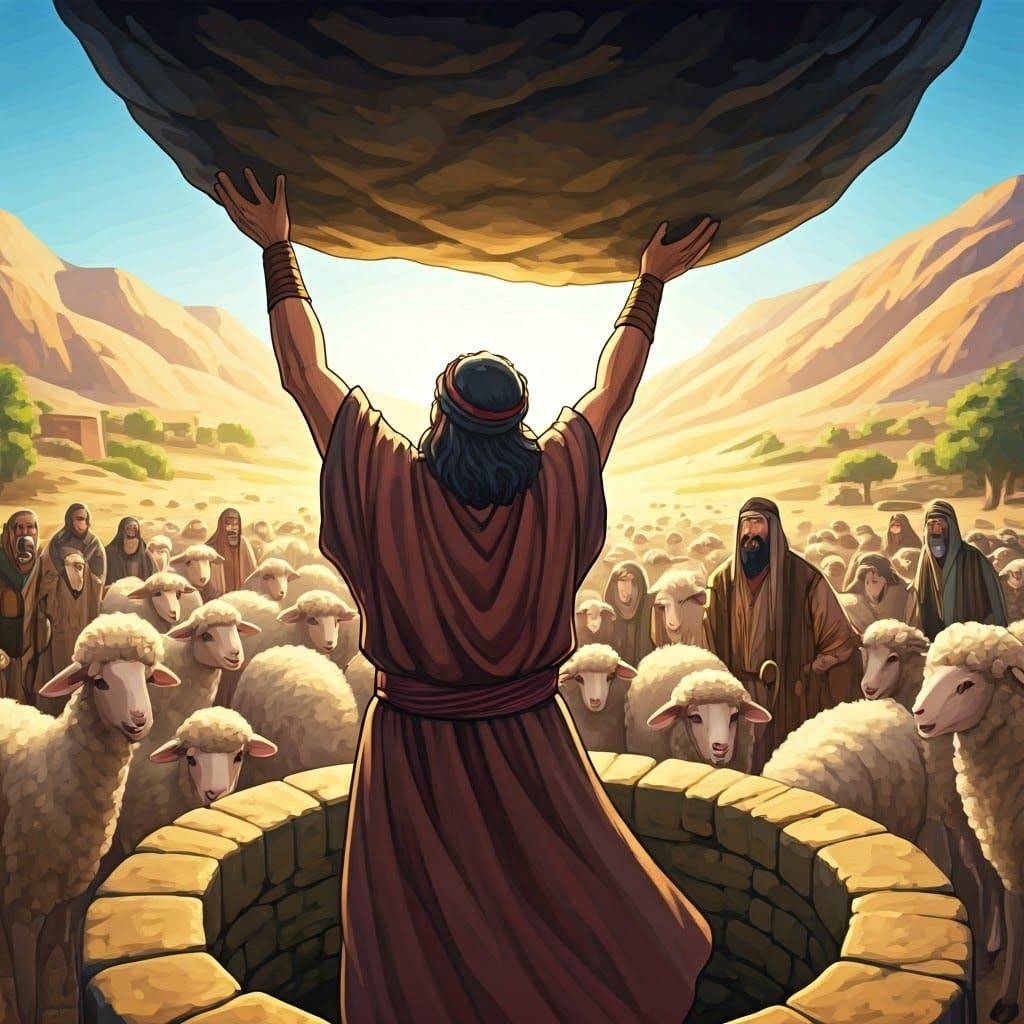 Ancient Hebrew Hero Lifts Stone in Vibrant Anime-Inspired Sc...