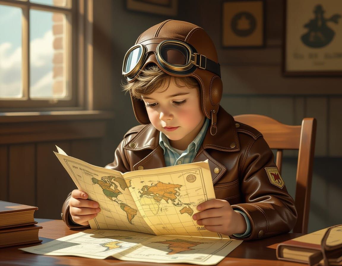 Boy Pilot Studies Map with Pin-Up Charm