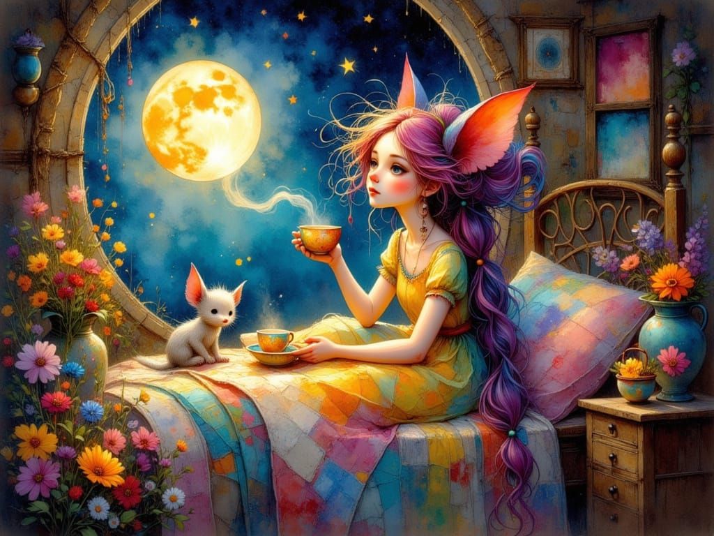 Ethereal Troll Sips Tea With Critters in Dreamy Fantasy Hous...