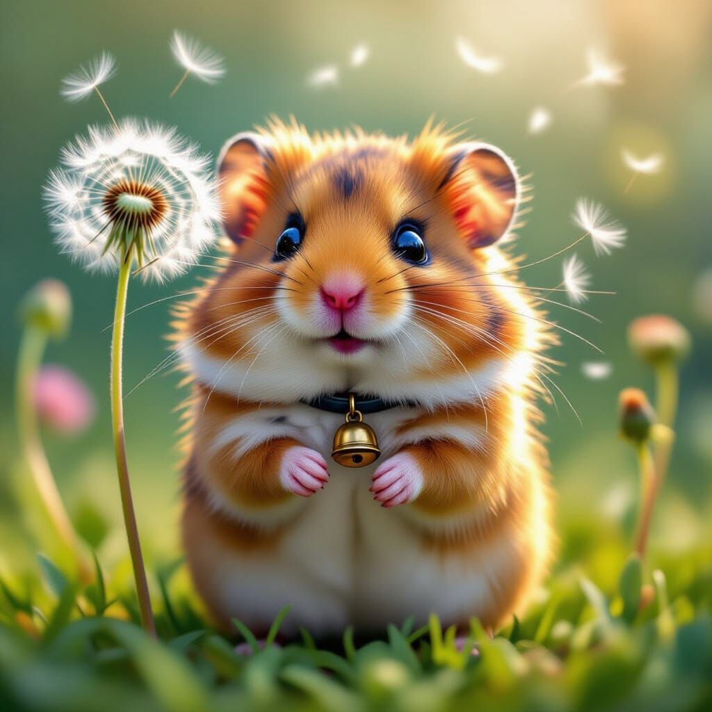 Hamster Blowing Dandelion Fluff, Hyperrealistic Whimsical Ar...