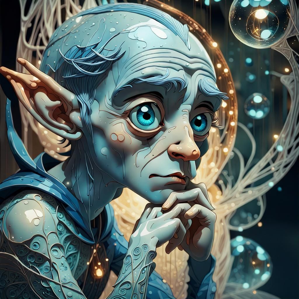 Sad Blue Elf Thinking of Christmas in 3D