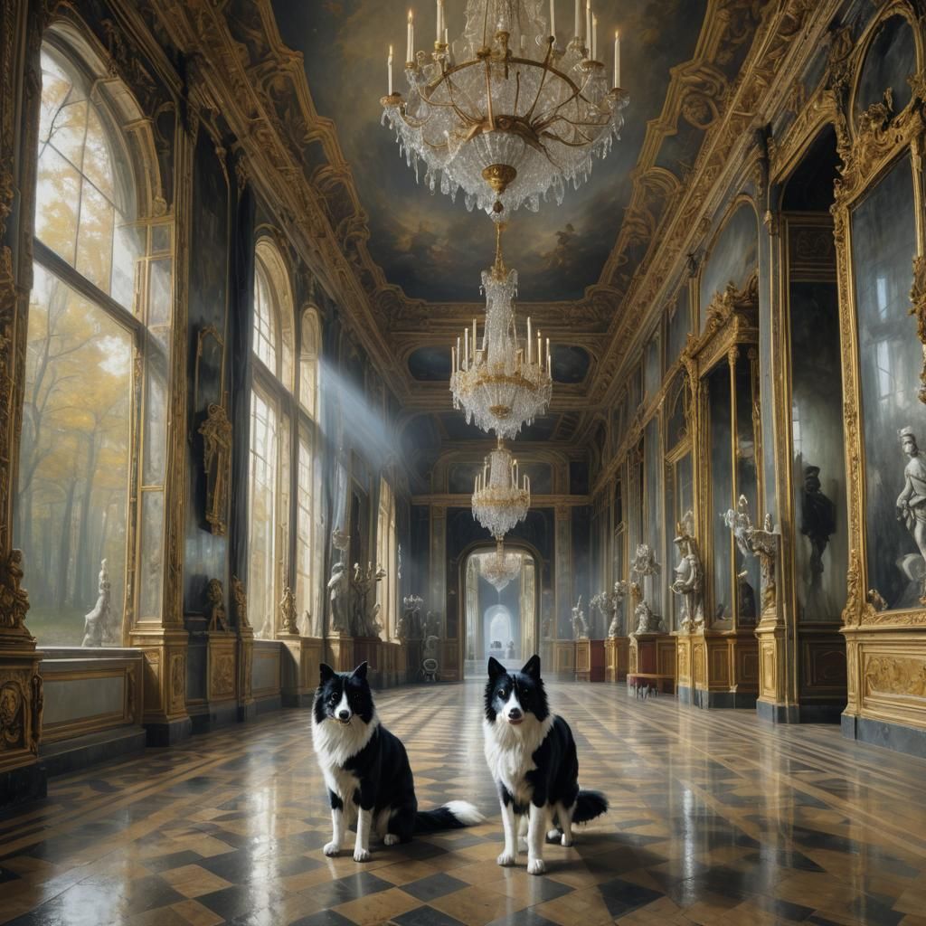 Cats and Dog in Versailles Hall of Mirrors