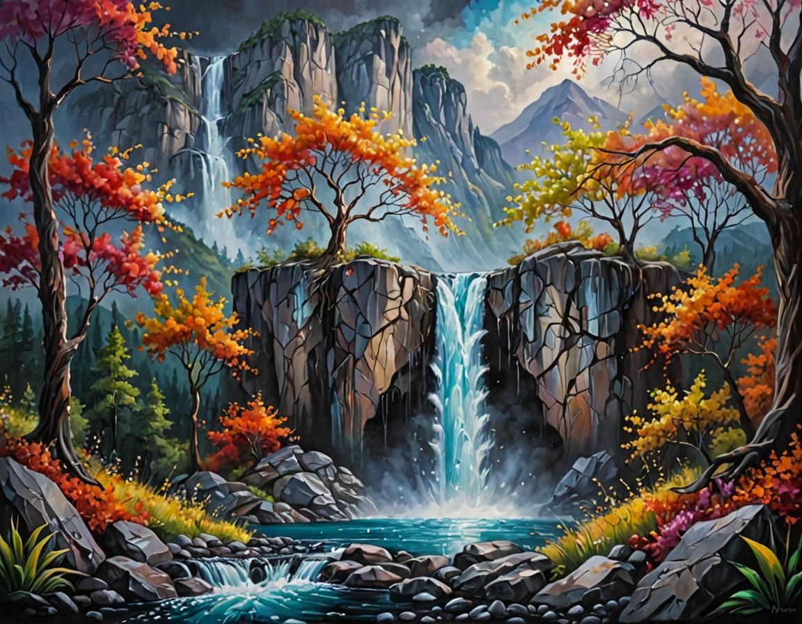 Mountain Waterfall Oil Painting with Jeweled Tree