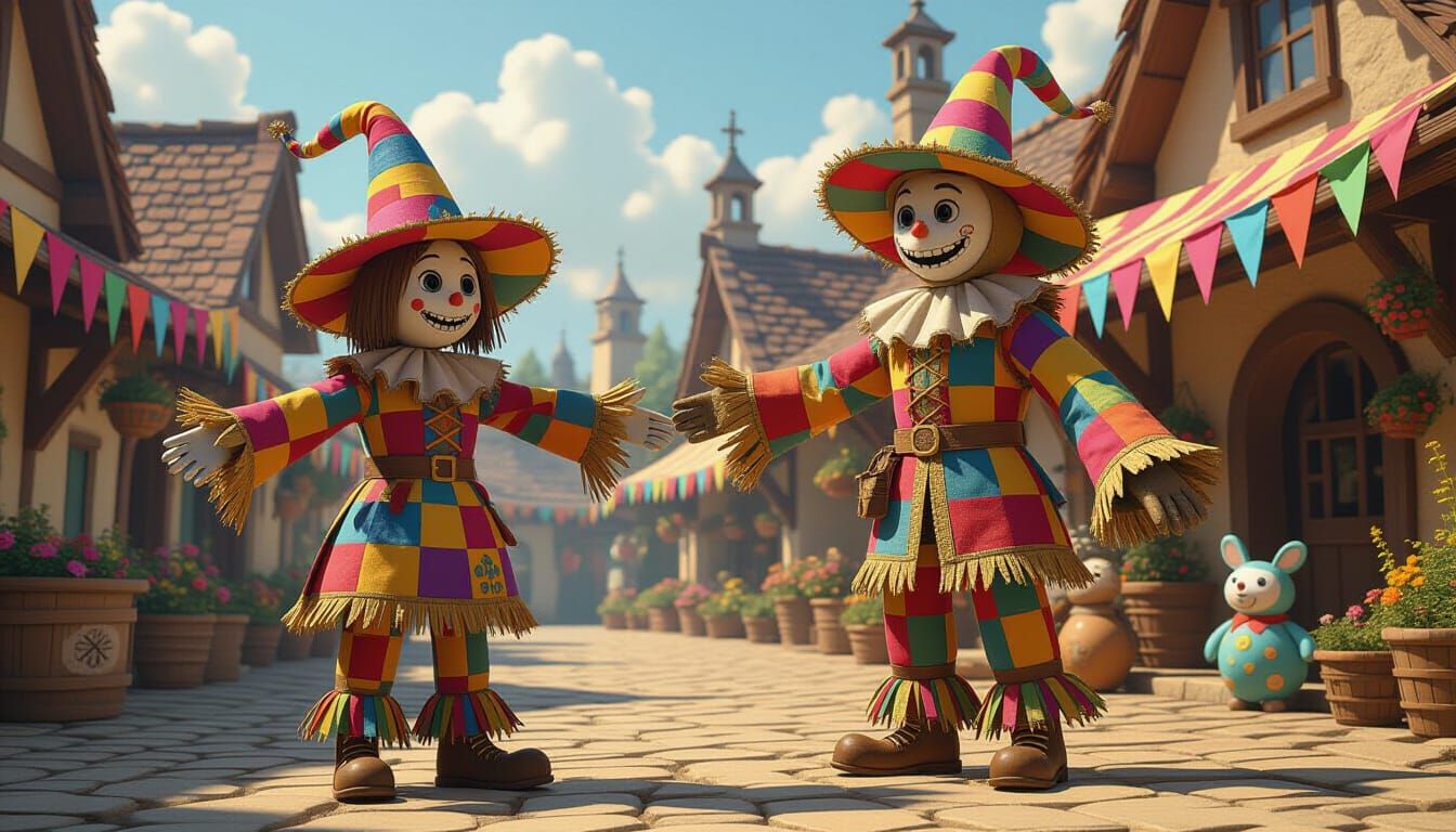 Medieval Scarecrow in Whimsical Village Square