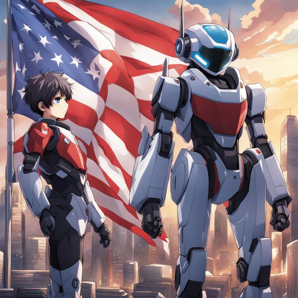 Boys in Robotic Suit Displaying Flag: Anime Style