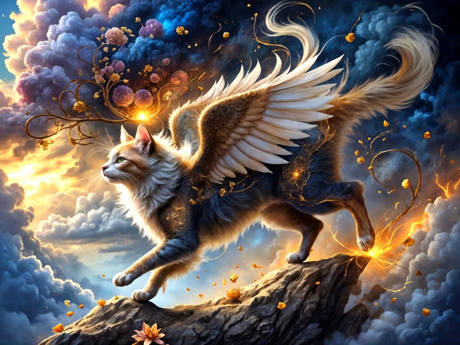 Calico Cat Leaps From Cloud with Wings