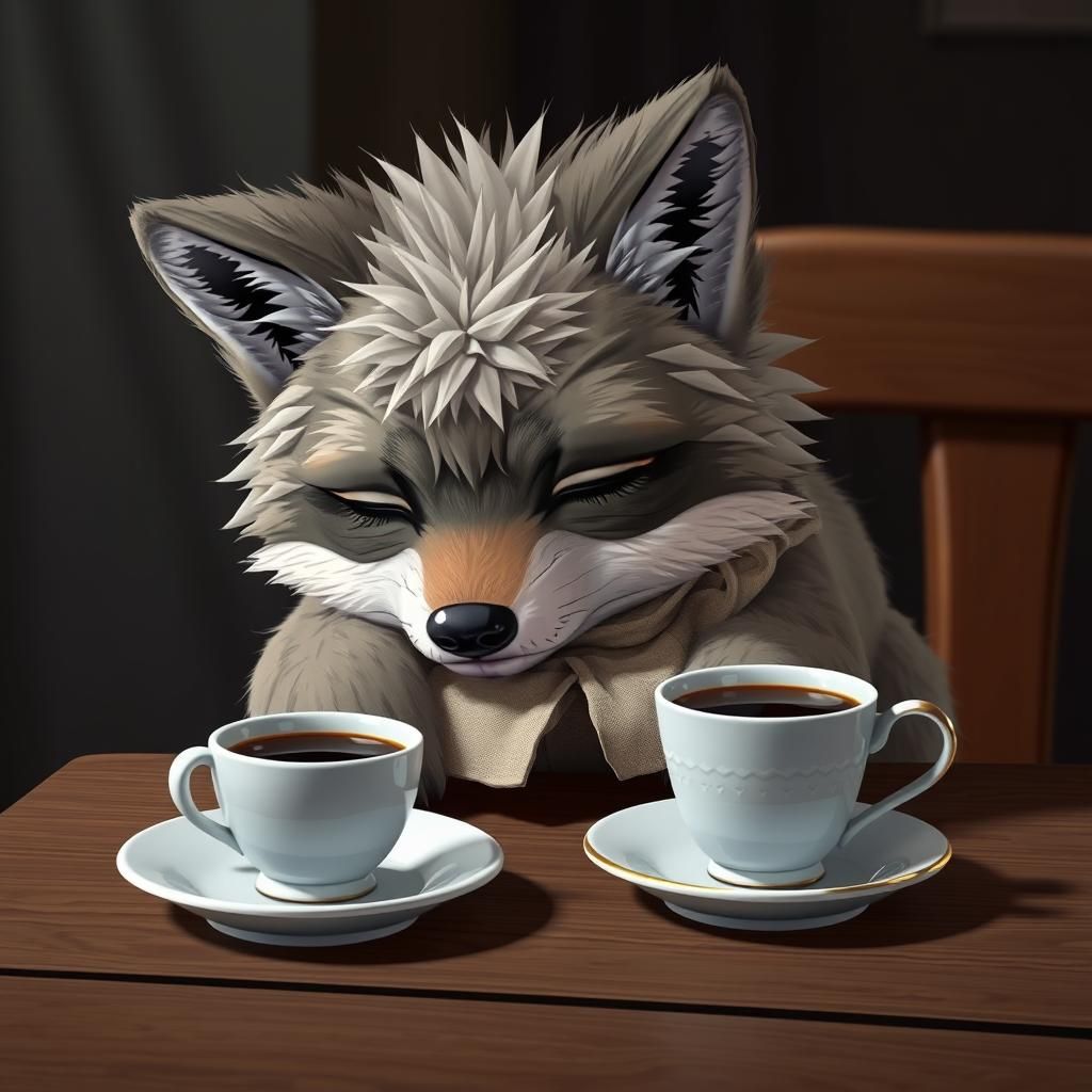 Sleepy Wolf Cub with Coffee: 3D Anime Art