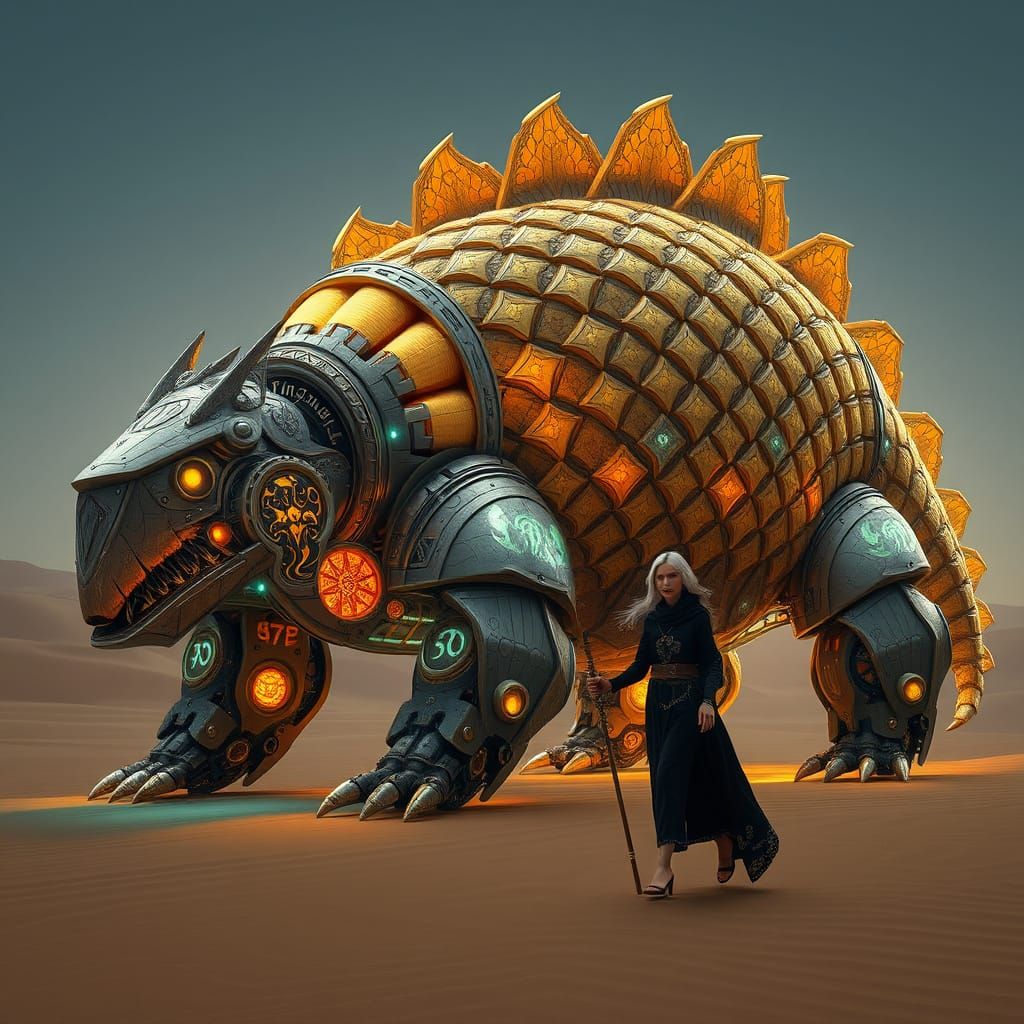 Steampunk Dragon-Armadillo Vehicle in Majestic Desert Landsc...