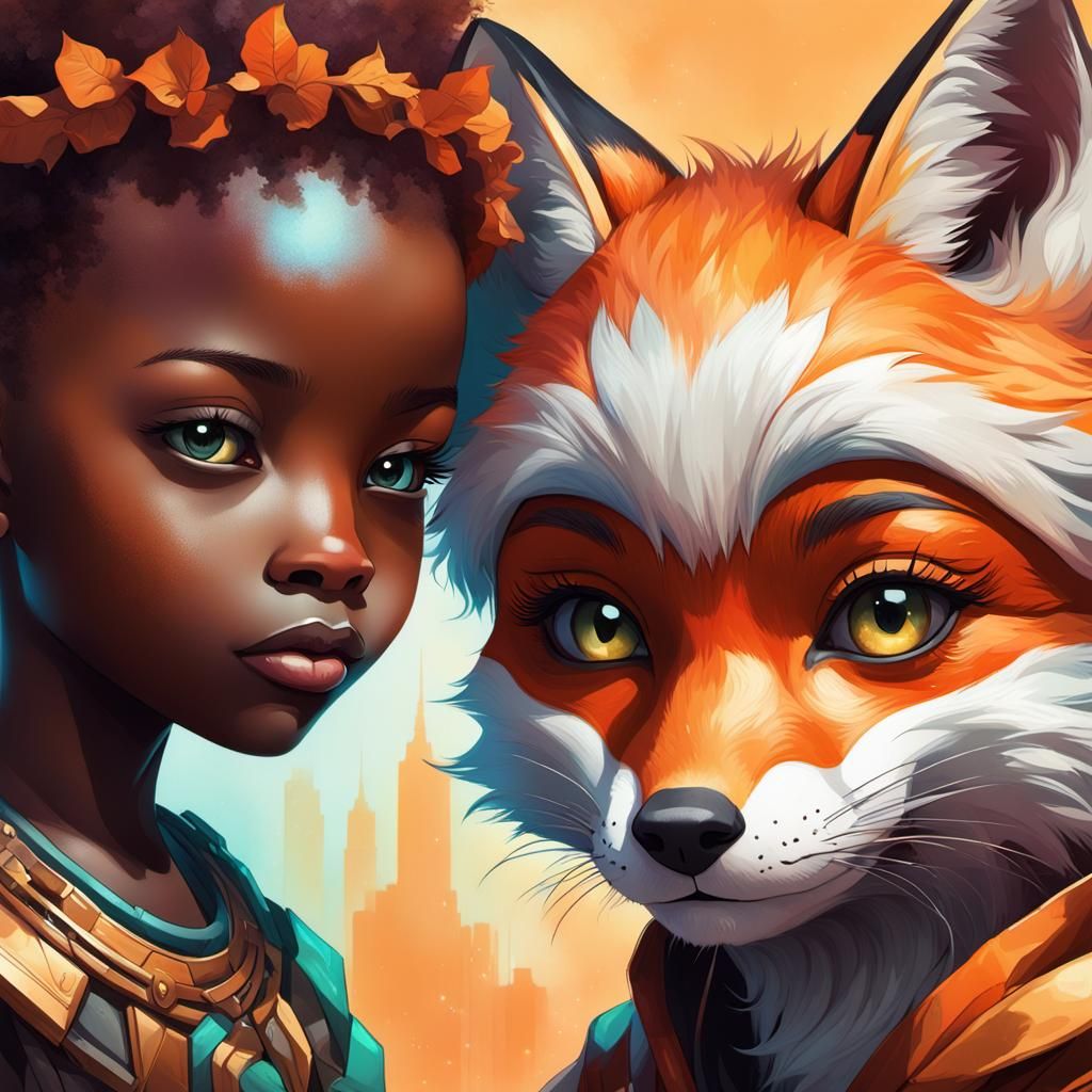 Afrofuturist Toddler and Fox Portrait in Anime Style